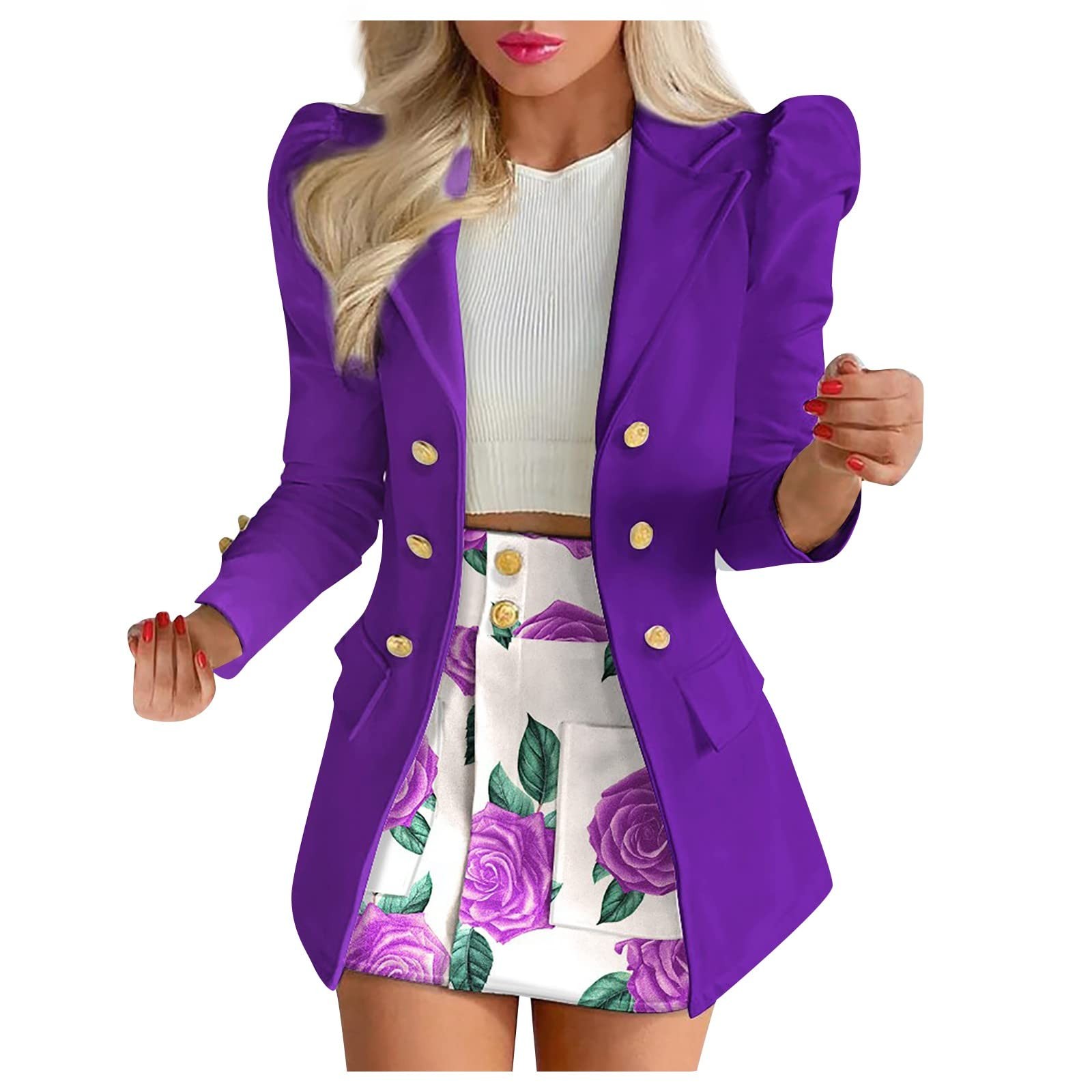 Juebong Women Buttons Long Sleeve Cardigan Coat with Short Skirt Suit with  Pocket,Purple suits sets size L 